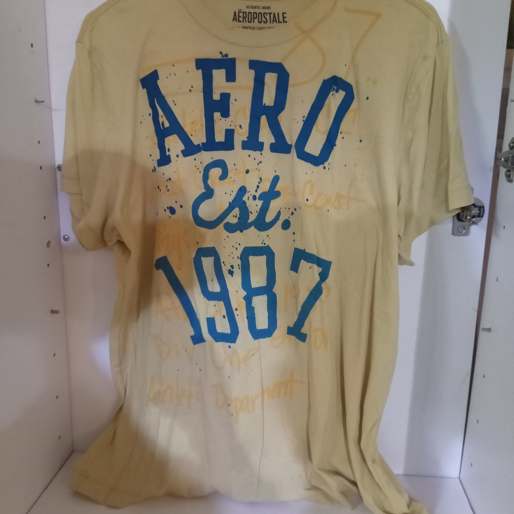 Aeropostale Men's Cream Tee with Blue Graphic